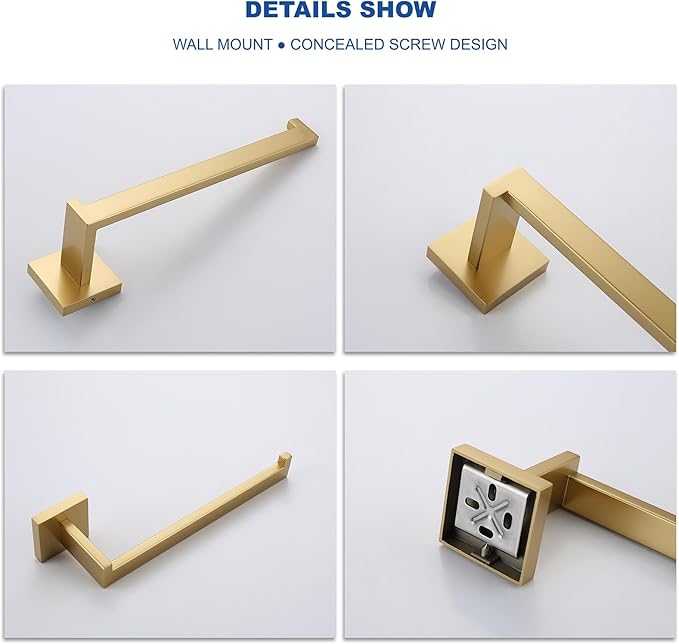 TASTOS Premium Stainless Steel Hand Towel Holder, Square Hand Towel Ring Heavy Duty Wall Mounted Modern Hand Towel Bar for Bathroom Kitchen, Brushed Gold