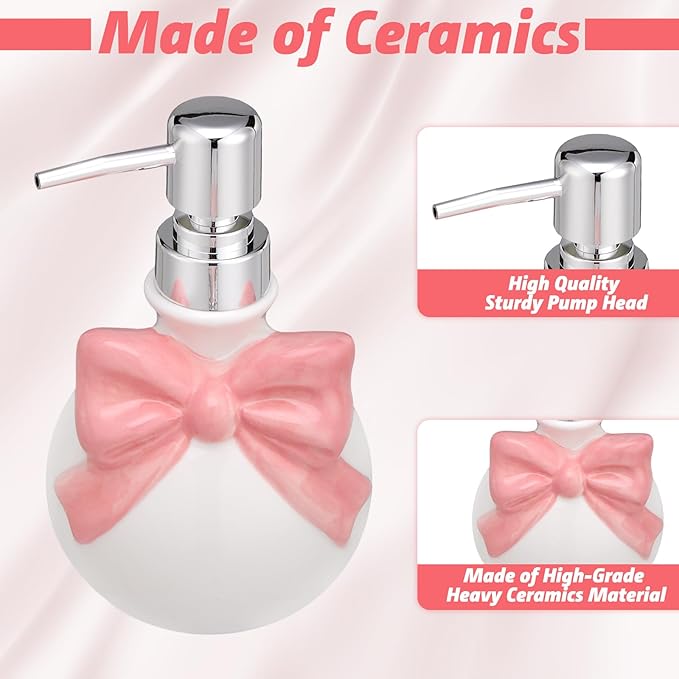 Pink Bow Ceramic Bathroom Accessories Set 3 Pcs for Countertop, Soap Dispenser, Toothbrush Holder, Soap Holder, Bathroom Sink Decor for Modern Home Decor