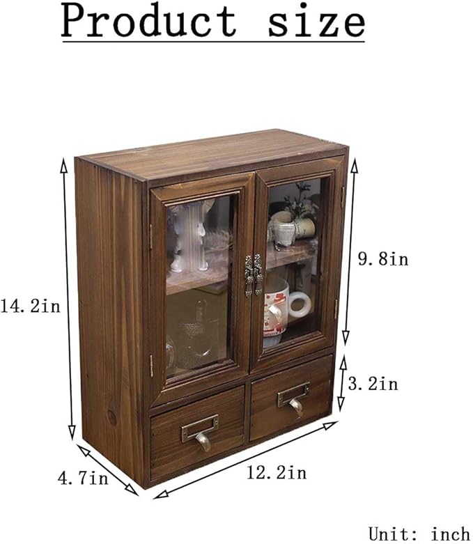 Rosetta Mini Countertop Country Vintage Locker, Wall-Mounted Wood Display with Organic Glass Door, Food Storage, 2 Bottom Drawers-Pharmacist Cabinet-Display Cabinet (Burnt Wood Color)