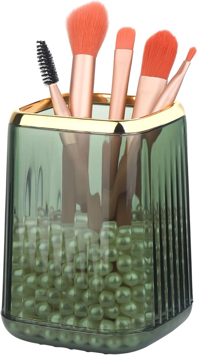 Gold Clear Makeup Brush Holder, Vintage Cosmetic Beauty Organizers Cup for Vanity, Lip Pencil Holder Vintage Lipstick Holder - Green