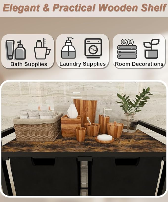 12 x 2 Gal Large Laundry Hamper with Wheels, 2 Pull-Out & Removable Sorter Bags, Freestanding Clothes Basket Organizer for Clothing or Toys in Bathroom and Living Room, Rustic Brown and Black