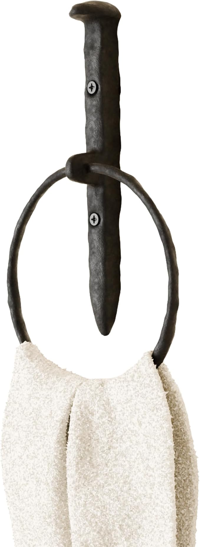 Rustic State Fred Wall Mount Railroad Spike Industrial Design Cast Iron Towel Ring with Hammered Effect Texture for Bathroom and Kitchen - Hand Towel Holder Hanger Rack - Black