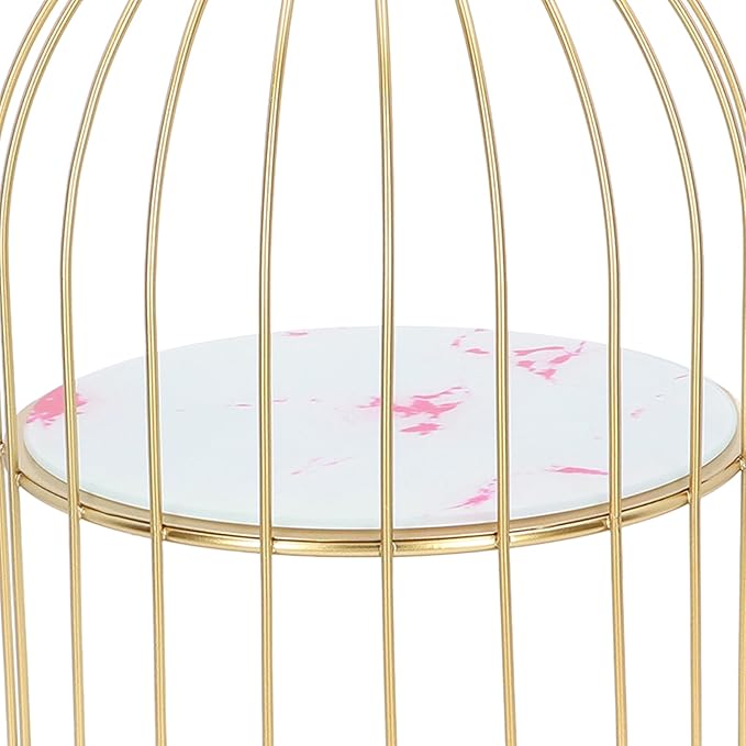 Double Layer Storage Shelf Bird Cage Organizer Display Rack for Bathroom Countertop Dressing Table Gold Frame (Pink Stone Pattern)
