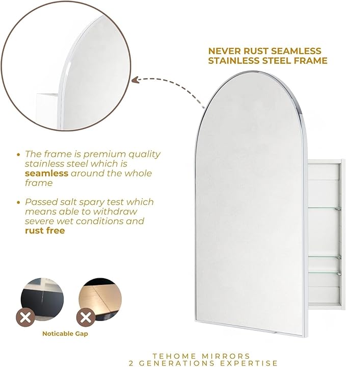 TEHOME 24 x 36'' Chrome Arch Bathroom Medicine Cabinet with Mirror Recessed and Surface Mounted Chrome Medicine Cabinet Mirror