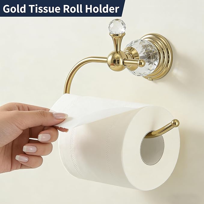 Gold Toilet Paper Holder with Crystal, Polished Gold Tissue Roll Holder Bathroom Wall Mounted, Rust-Resistant Hand Towel Holder