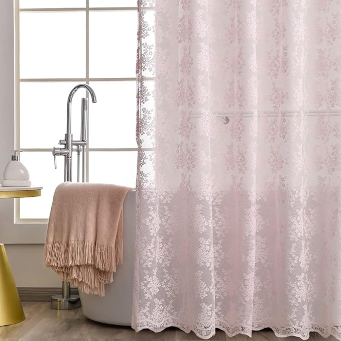Pink Lace Shower Curtain - Vintage Shower Curtain with Attached Valance, Floral Lace Bath Curtain for Bathroom, Farmhouse Style Shabby Chic Bath Curtain Scalloped Edge, 72 x 72 Inch, 1 Panel