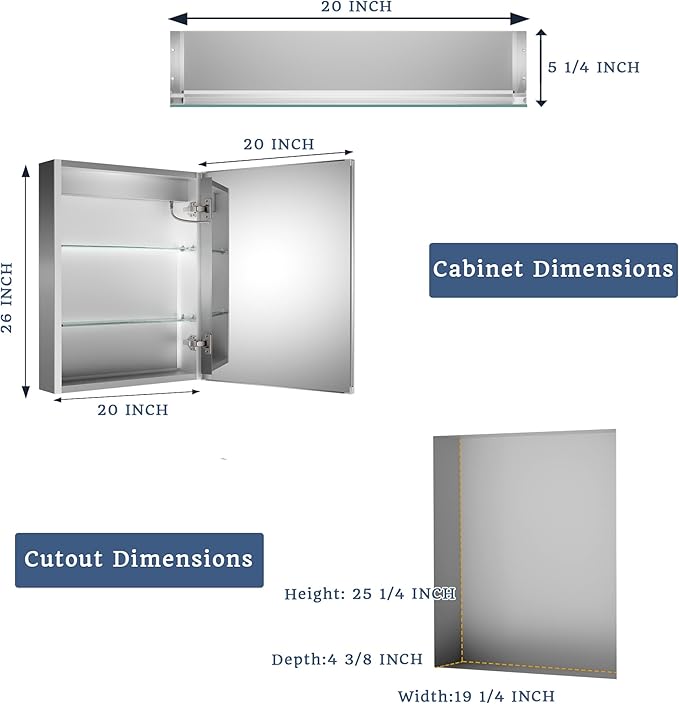 ExBrite Lighted Medicine Cabinet with Mirror, 20 x 26 Inch, Recessed or Surface led Medicine Cabinet, Defog, Stepless Dimming,Color Temperature Change,2 Outlets,Built-in 6000K Sensor Light,Right Hinge