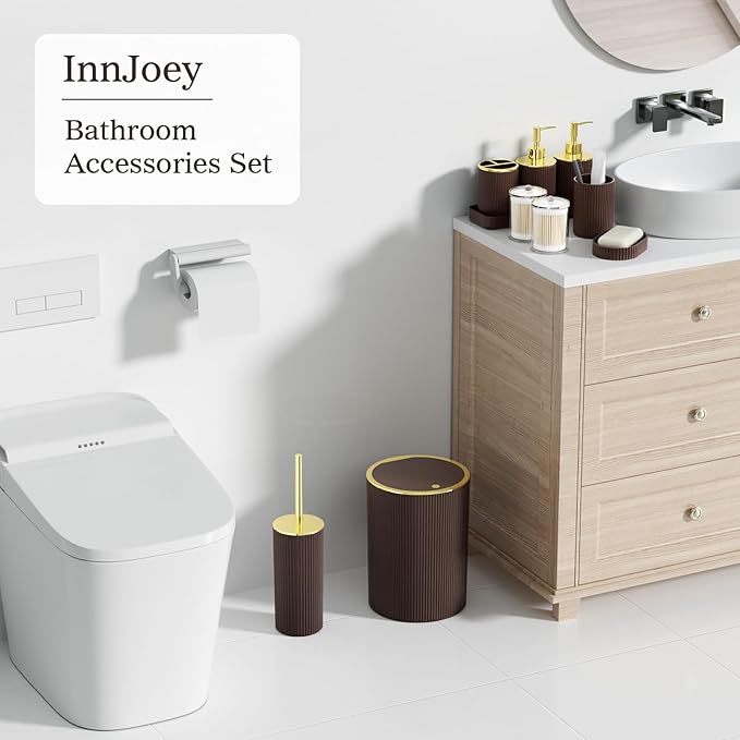 Brown Bathroom Accessories Set, 10PC Bathroom Set, Bath Accessory with Pop Up Trash Can, Soap Dispenser, Toilet Brush, Toothbrush Set Qtip Holders & Tray
