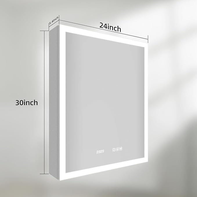 LED Medicine Cabinet Mirror with Lights, 24x30 Inch Bathroom Storage, Recessed/Wall Mount, Plug-in/Hardwired, 3 Color Dimmable Light, Anti-Fog, Time Temp Display, Right Hinge