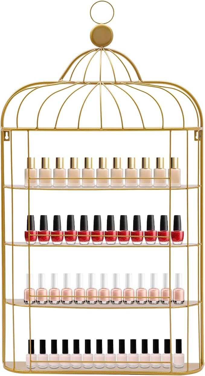 Nail Polish Organizer Wall Mounted, 4-Tier Nail Polish Storage Rack, Metal Nail Polish Storage Holder, Multifunctional Organizer for Essential Oil Perfume Lipsticks at Home Salon Spa(Gold)