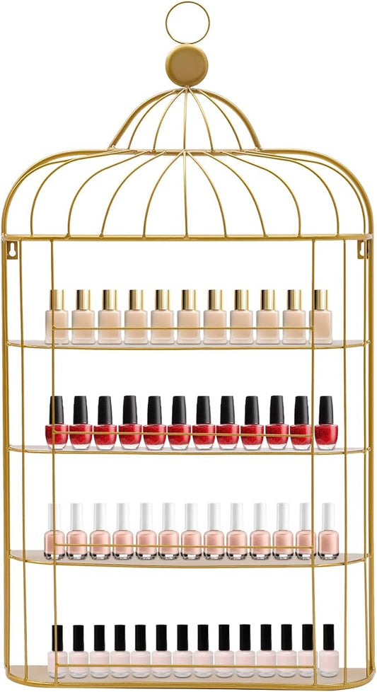 Wall-Mounted Nail Polish Racks, 6-Tier Metal Makeup Display Wall Shelf Storage Organizer for Home Spa Nail Salon Perfume Lipstick Cosmetic (Gold)