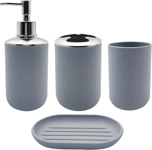 Bathroom Accessory Set, 4 pcs Shatter-Resistant Resin Bathroom Accessories Set Include Lotion Soap Dispenser Toothbrush Holder Soap Dish Modern Bathroom Decor, Gift for Home (Grey 4pcs)