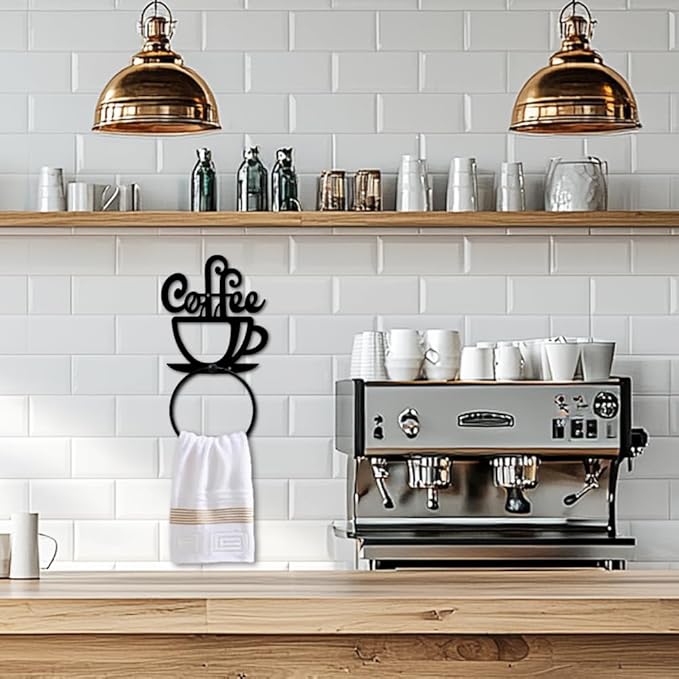 MAYJOYDIY Coffee Metal Towel Ring Tea Cup Towel Holder Afternoon Tea Coffee Wall Decor Towel Hanger Black Art Towel Rack Wall Mounted for Bathroom Kitchen Home Shop Decors Gift