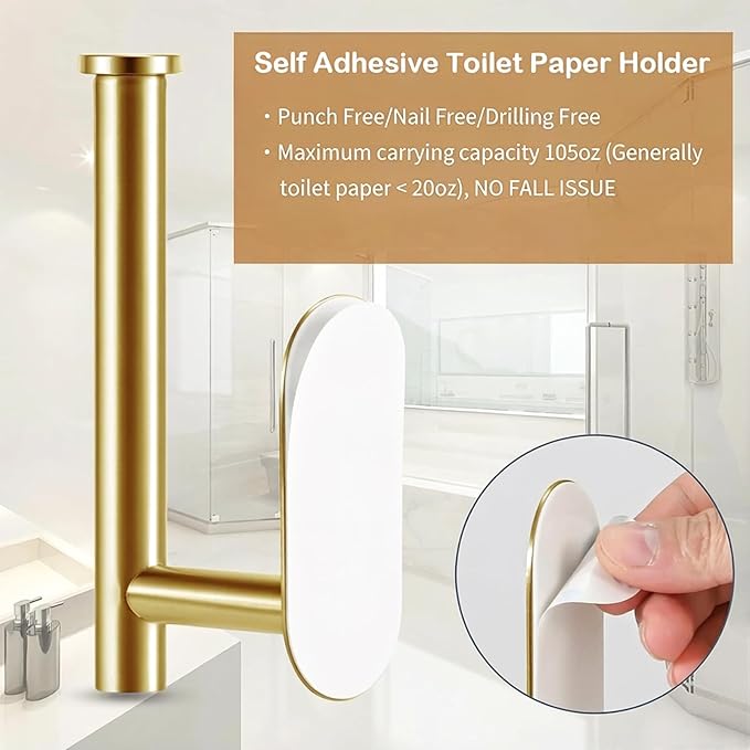 JOPOFI Toilet Paper Holder - Self Adhesive Toilet Paper Holder Wall Mount for Bathroom, SUS 304 Stainless Steel Command Strip Toilet Paper Roll Holder Stick On Wall, No Drilling - Brushed Gold（2 Pcs）