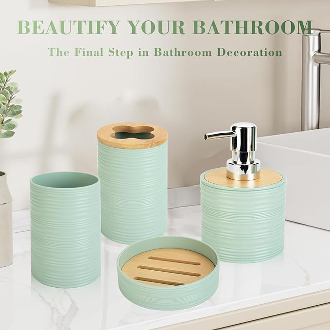 4 PCS Sage Green Bathroom Accessories Set, Includes a Soap Dispenser, Toothbrush Holder, Soap Dish and Mouthwash Cup, Plastics & Bamboo Bathroom Set, Bohemian Style Bathroom Sink Set
