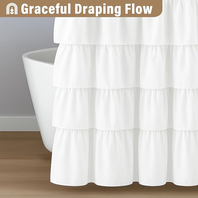 Seasonwood Small White Ruffle Shower Curtain Farmhouse Vintage Handcrafted Rustic Decorative Fabric Shower Curtains for Bathroom, 36" x 72"