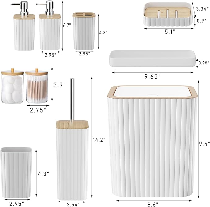 XLHOMO Bathroom Accessories Set - Elegant White Bathroom Set, 10PC Bathroom Accessory Set, Toilet Brush, Trash Can, Qtip Holder Dispenser & Soap Dispenser