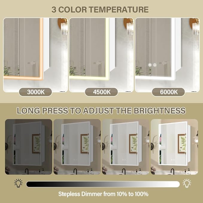 Smart Bathroom Medicine Cabinet with Integrated 3-Color LED Lighting, 20x28inch, White, Demister, USB Socket, and Recessed or Surface Mount Option