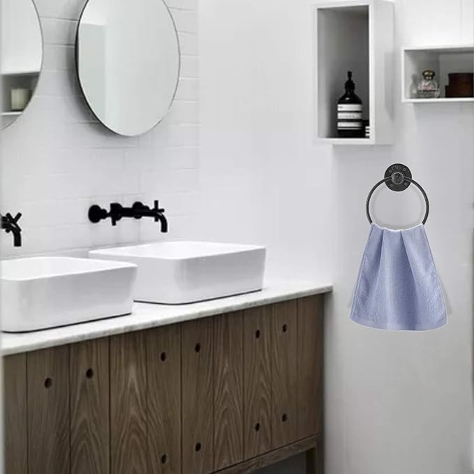 HighFree Industrial Towel Ring, Farmhouse Pipe Hand Towel Holder, Matte Black Wall Mounted Bathroom Hardware, Rustic Towel Ring for Bathroom (2)