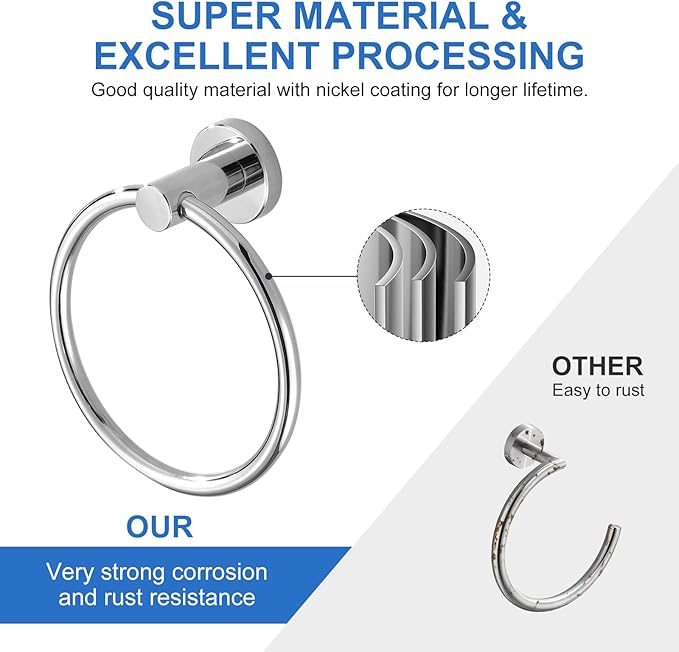 RUMOSE Polished Chrome Bath Towel Ring Heavy Duty Round Hand Towel Holder Hanger for Bathroom & Kitchen, Stainless Steel Drill Free with Glue or Wall Mounted with Screws