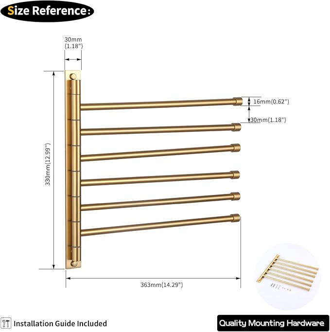 GERZWY Bathroom Swing Arm Towel Bars Wall Mount Bath Towel Rack with 6 Arms Hanger Towel Holder Organizer Stainless Steel Gold Finished HYG06-BE
