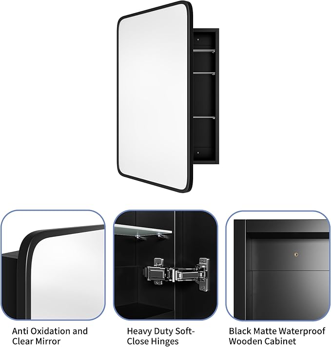 AGDULL Vintage-Style Bathroom Wood Black Cabinet with 17.5''x29'' Black Metal Frame Curved Mirror, Recessed Medicine Cabinet, Bathroom Storage Cabinet
