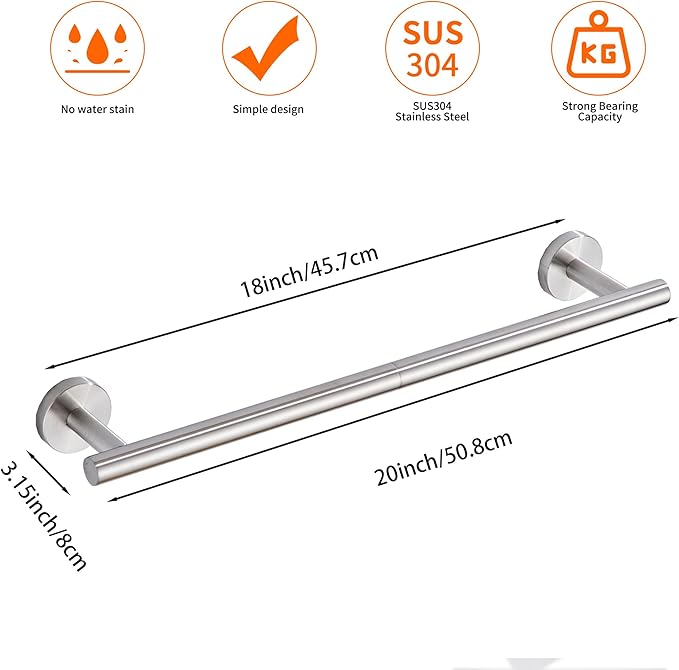 Bath Towel Bar, 18 Inch 304 Stainless Steel Thicken Towel Holder for Bathroom Wall, Towel Holder Brushed Nickel Finished Wall Mount(Total Length 20-Inch)