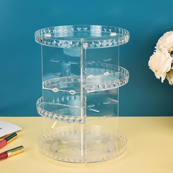 360° Rotating Makeup Organizer, Diamond Pattern DIY 5 Adjustable Layers Skincare Clear Cosmetics Organizer for Vanity Countertop with Perfume Tray