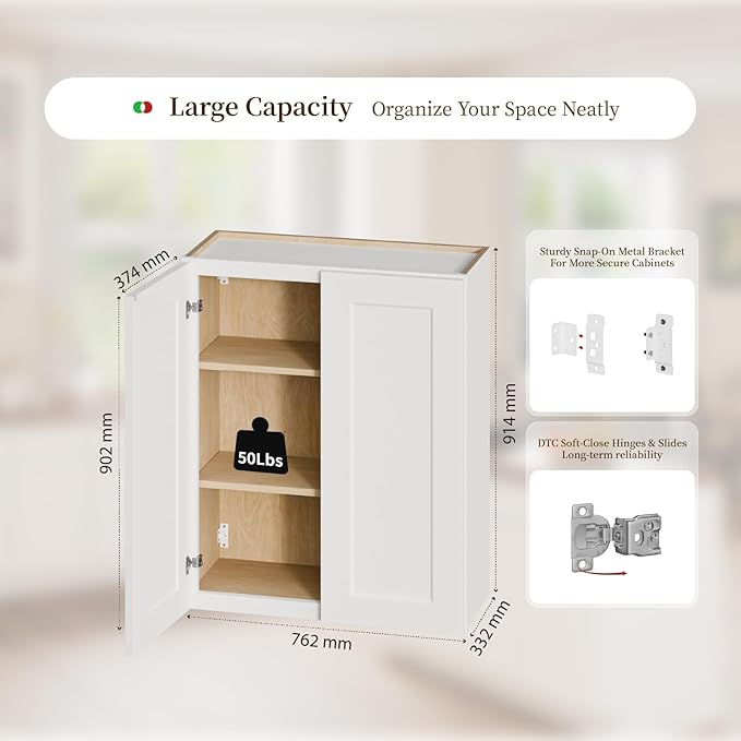 Kisart Laundry Room Cabinets Wall Mounted with Doors & Shelves, Solid Wood RTA Medicine Storage Cabinet, 30" Wx36 Hx12 D Inch White Shaker Hanging Cupboard, Space-Saving for Kitchen, Bathroom, Garage