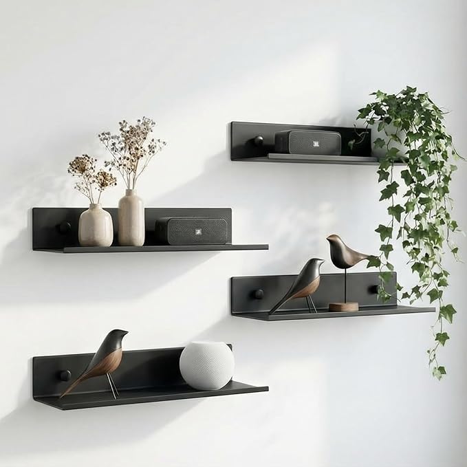 Z metnal Small Decor Shelves, Mini Floating Display Wall Shelf for Smart Speaker Collectables, Aluminum, Wall Mounted, Matt Black,12 x 5 inch,1ft Wide, 2 Pack