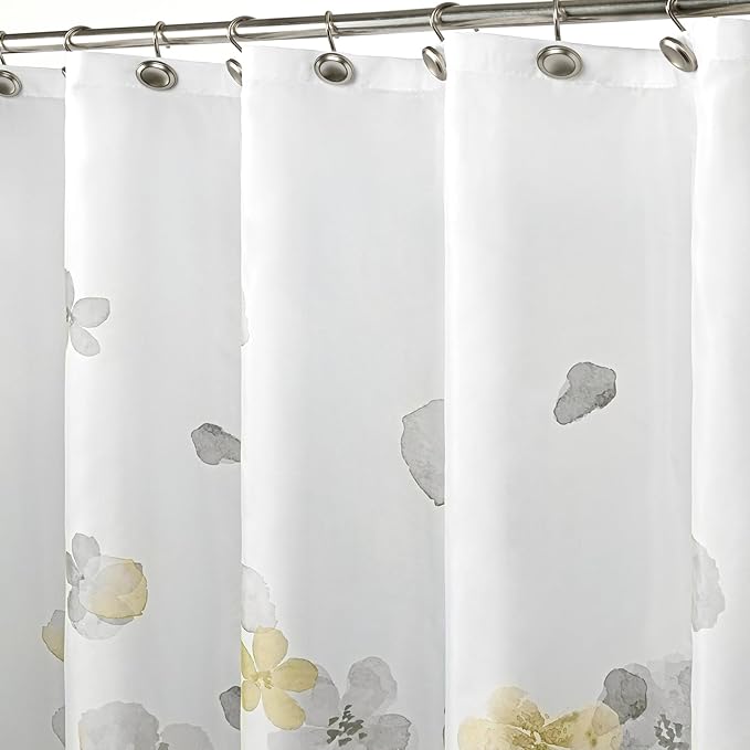 Sunlit Floral Fabric Shower Curtain, Design Simple Style Yellow and Gray Flower Blossoms Shower Curtains for Bathroom Decor with White Background, Machine Washable, 71x71