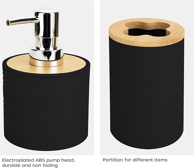 2 PCS Black Bathroom Accessories Set, Soap Dispenser and Toothbrush Holder Set, Plastics & Bamboo Bathroom Set, Bohemian Style Bathroom Sink Set