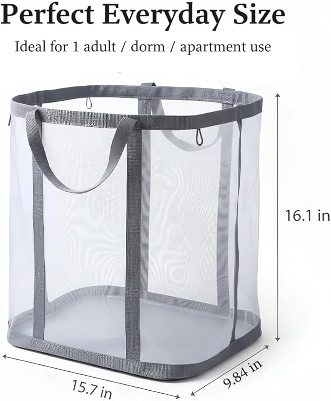 [2-Pack] Wall-Mounted Foldable Laundry Basket, 41L Collapsible Mesh Hamper (Each) with Reinforced Handles, Hanging Storage Bag for Bathroom, Dorm, Travel & Sports, Space-Saving Grey