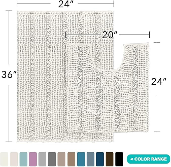 Turquoize Chenille Bathroom Rugs Set Non-Slip Bath Mats for Bathroom Super Absorbent Shaggy Rugs for Tub Shower Toilet Plush Bath Rug Plus U Contour Rug (Oversized: 24" x 36" and 20" x 24" U), Cream