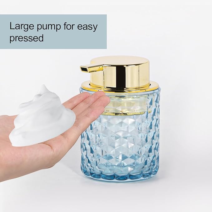 Bathroom Accessories Set 2pcs Glass Foaming Soap Dispenser and Toothbrush Holder for Bathroom Countertop, Blue Glass Bathroom Assessory Set with Gold Decor