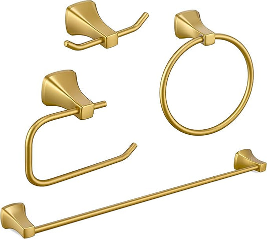 Brushed Gold Bathroom Hardware Set 4 Piece Gold Bathroom Accessories Set, 23.6 inch Bath Towel Bar Set | Towel Hook | Toilet Paper Holder | Hand Towel Holder