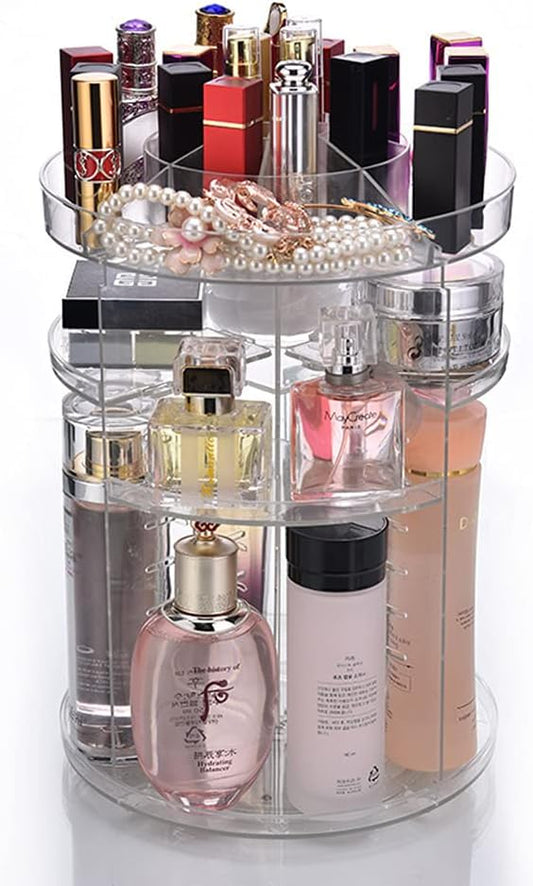 AFULILI Makeup Organizer Box 360° Rotating Perfume Stand Bathroom Storage Cosmetics Display Stand Space Saving and Large Capacity Case