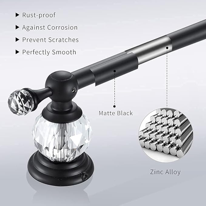 Leyden Crystal Bathroom Hardware,Matte Black Adjustable 24 Inch Towel Bar Toilet Paper Holder Towel Ring Coat Hooks 4 Pieces Wall Mounted