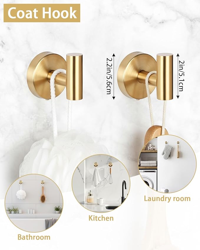 5 Pieces Gold Bathroom Accessories Set - 25.6 inch Towel Bar, Toilet Paper Holder, Towel Rack and Coat Hook, SUS304 Stainless Steel Bathroom Hardware Set, Wall Mounted Bathroom Decor and Accessories