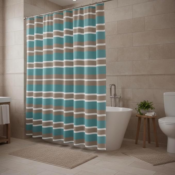 Serafina Home Striped Fabric Shower Curtain, Aqua Brown White Coastal Design, 70 x 72 Inches, with Hooks