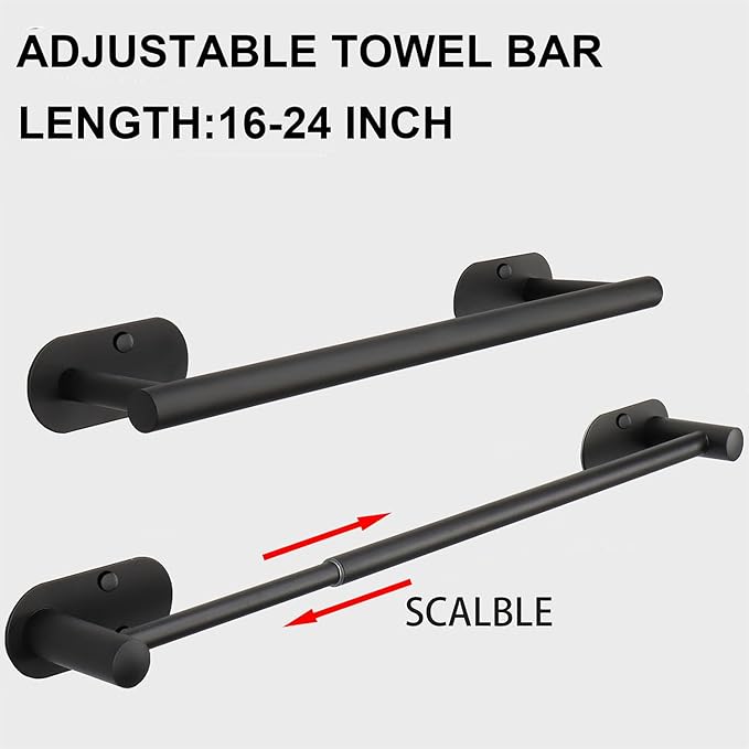 TocTen Self Adhesive Towel Bar, Stick Bath Towel Rack for Bathroom Adjustable 16-24", Stainless Steel Bathroom Towel Holder, No Drill Stick on Wall Towel Hangers for Bathroom, Kitchen (Matte Black)
