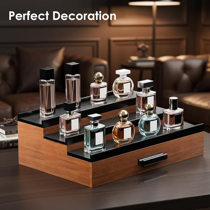 Cologne Organizer for Men – Black Wood Cologne Stand with Drawer & Storage, 3 Tier Perfume Display Holder for Bedroom, Office, Bathroom – Ideal Gift for Men, Father, Husband