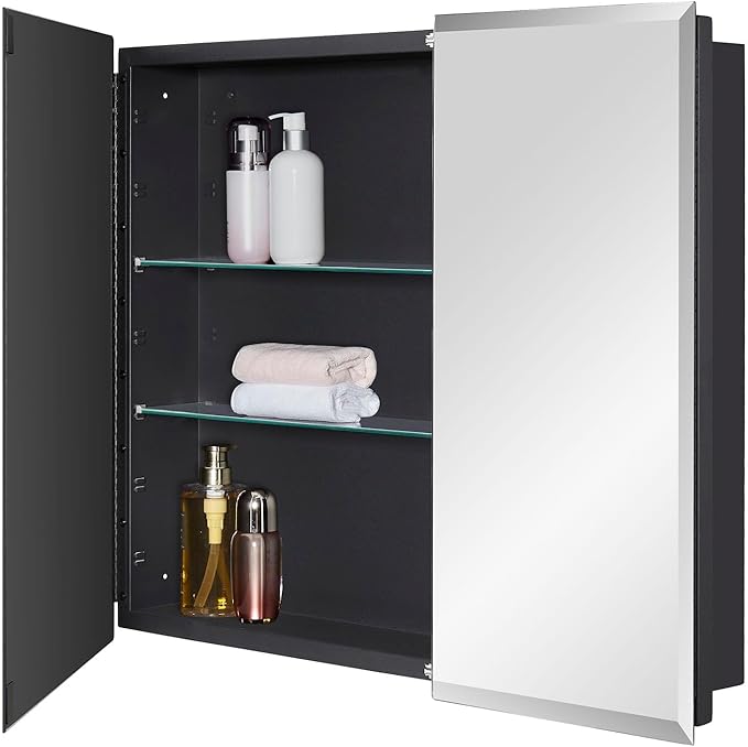 IDYLLOR Black Bathroom Medicine Cabinet with Beveled Edge Mirrored Door 30 x 26 inch, Recessed or Surface Mount, with Adjustable Glass Shelves