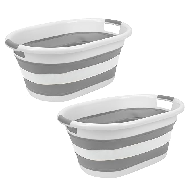 Laundry 360 2pk Collapsible Laundry Basket | Portable | Space Saver Storage | Hold 2 Loads | Store Under the Bed or Closet | Good for Kids | Dorm | Bedroom | Large | White/Grey
