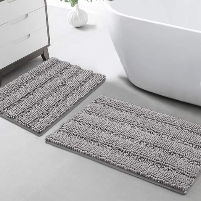 Turquoize Chenille Bathroom Rugs Set - Non-Slip Bath Mats for Bathroom & Kitchen/Entryway (20" x 32" and 17" x 24"), Extra Soft and Absorbent Shaggy Mats, Dove Gray