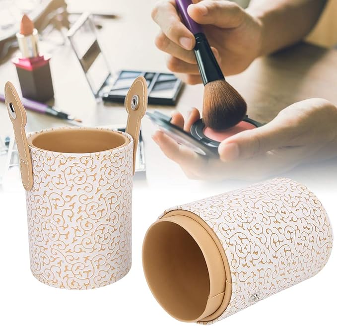 LAVEN Makeup Brush Holder ?€? PU Leather Portable Cosmetic Brush Cup for Travel, Desk & Dressing Table Organization (Apricot)