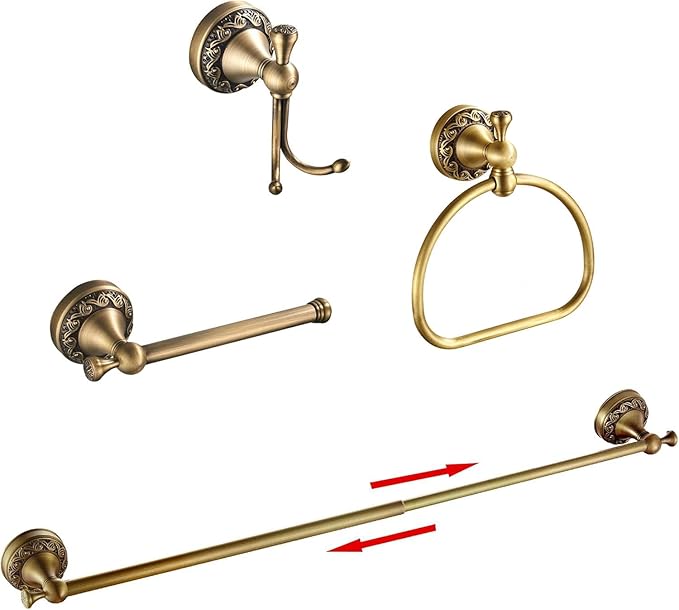 Antique Brass Toilet Paper Holder Towel Ring, Antique Towel Hook Towel Bar Adjustable 4pcs,Brass Hand Towel Holder Robe Hook Wall Mount Bathroom Accessories Set