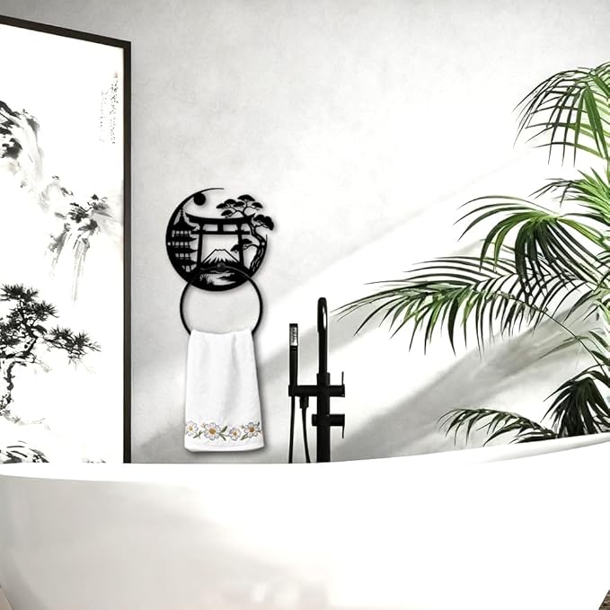 MAYJOYDIY Japanese Metal Towel Ring Round Fujisan Scenery Hand Towel Holder Torii Gate Ring Hanger Wall Mount Black Vintage Towels Wall Organizer for Kitchen Bath Home Laundry Room Decors Gifts