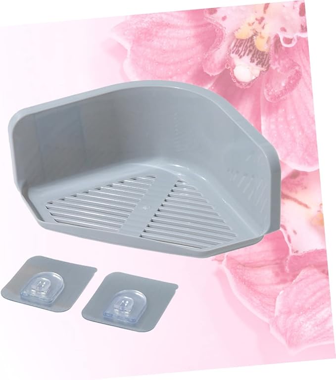 OSALADI 1set Wall Mounted Corner Shelf No Punching Triangle Plastic Storage Rack for Bathroom Kitchen Grey White Durable Design for Organizing Toiletries Creams and More 2pcs