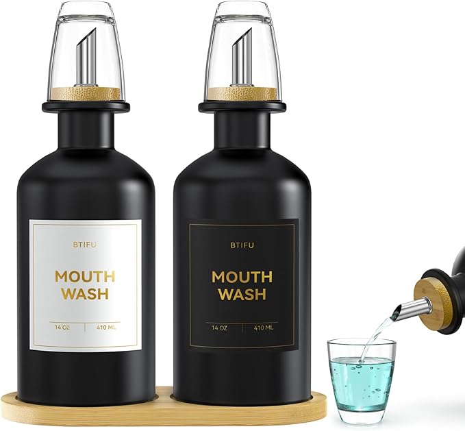 2PCS Black Glass Mouthwash Dispenser for Bathroom Countertop – 14oz/410ml Refillable Mouthwash Container with Glass Cup & Bamboo Tray, Modern Bathroom Decor for Home, Office, Airbnb (Black)